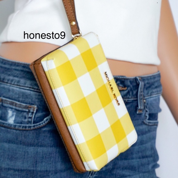 Michael Kors Wristlet Yellow Brown White Gingham - Picture 2 of 8